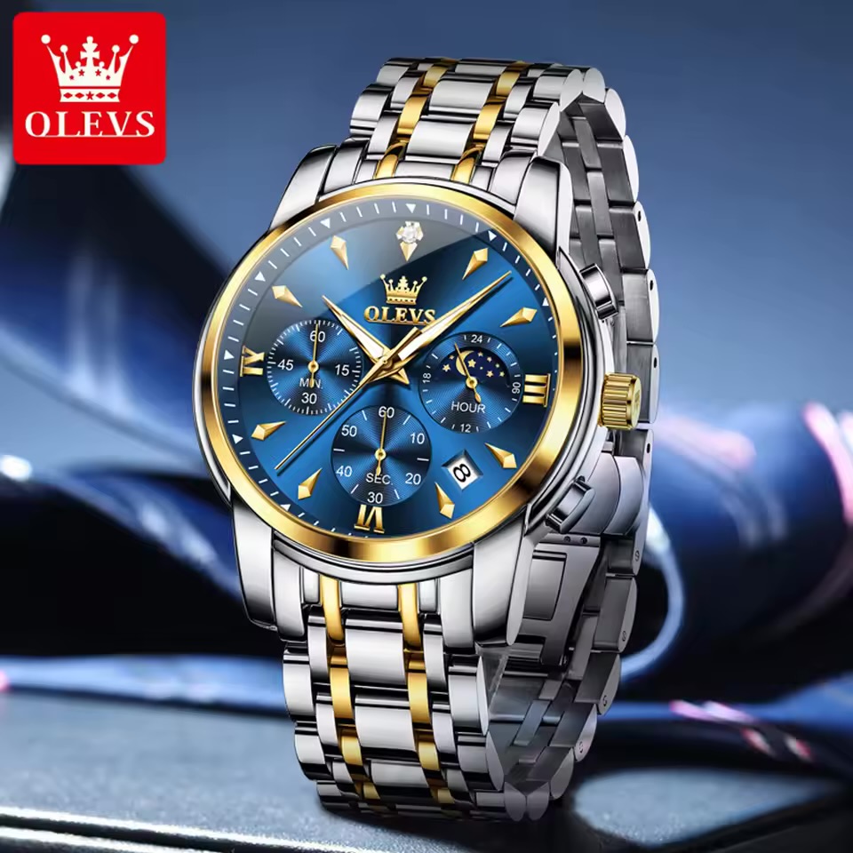 OLEVS 3639 Top Brand Original Luxury New Quartz Watch Stainless Steel Watch For Men Waterproof Luminous Moon Phase Mens Watch