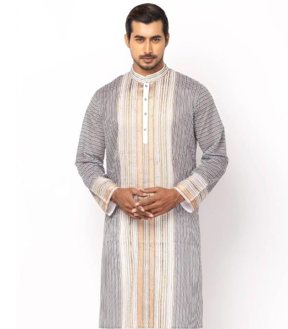 White Printed and Embroidered Addi Cotton Panjabi
