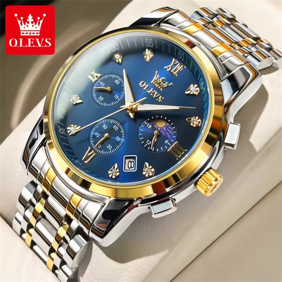 OLEVS 2858 Men Watch Luxury Brand Quartz Watch Multi functional Chronograph Waterproof Luminous Moonphase Watch Trend Men Watch