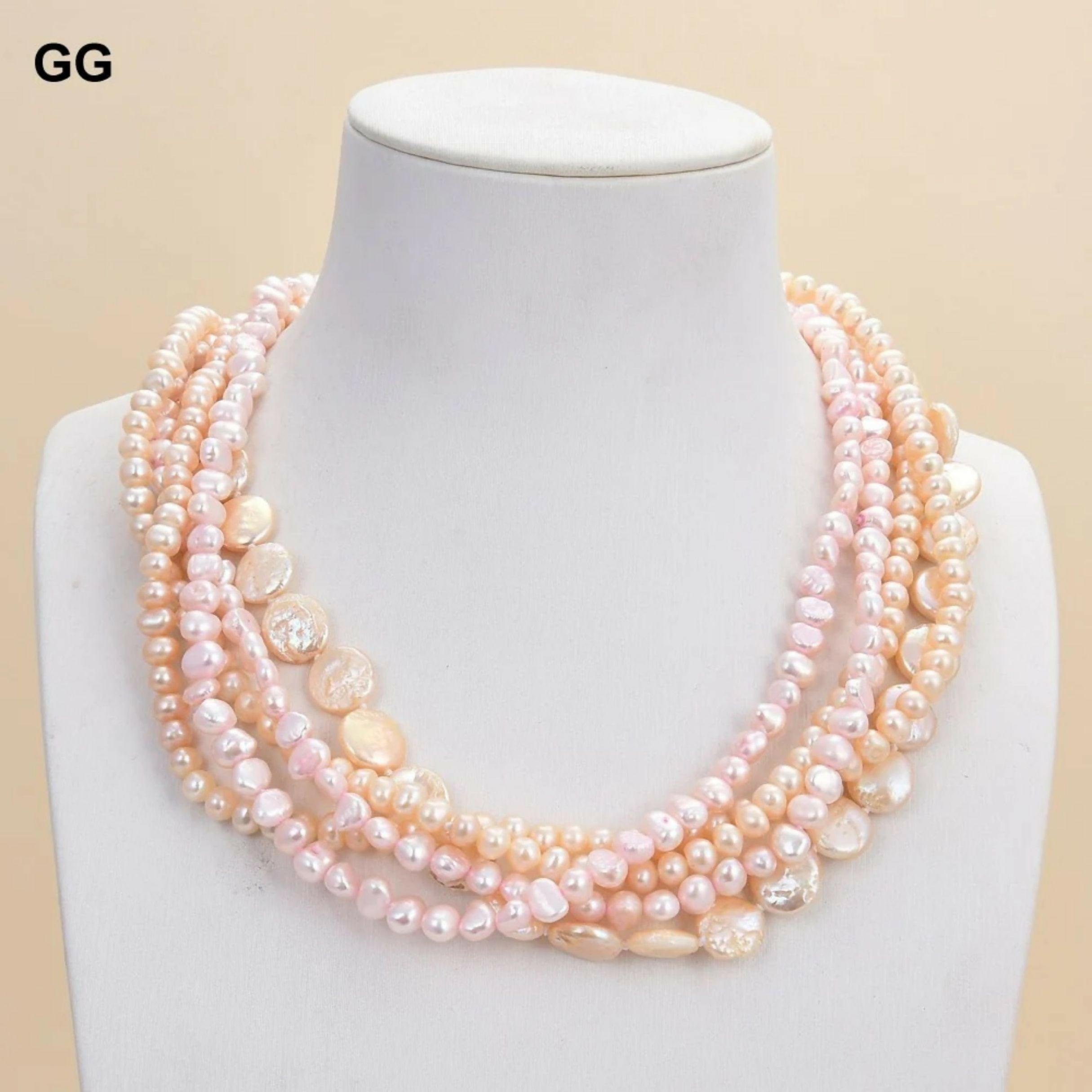 5 Rows Natural Pink Coin Cultured Baroque Fancy Necklace Jewelry 18-19inch